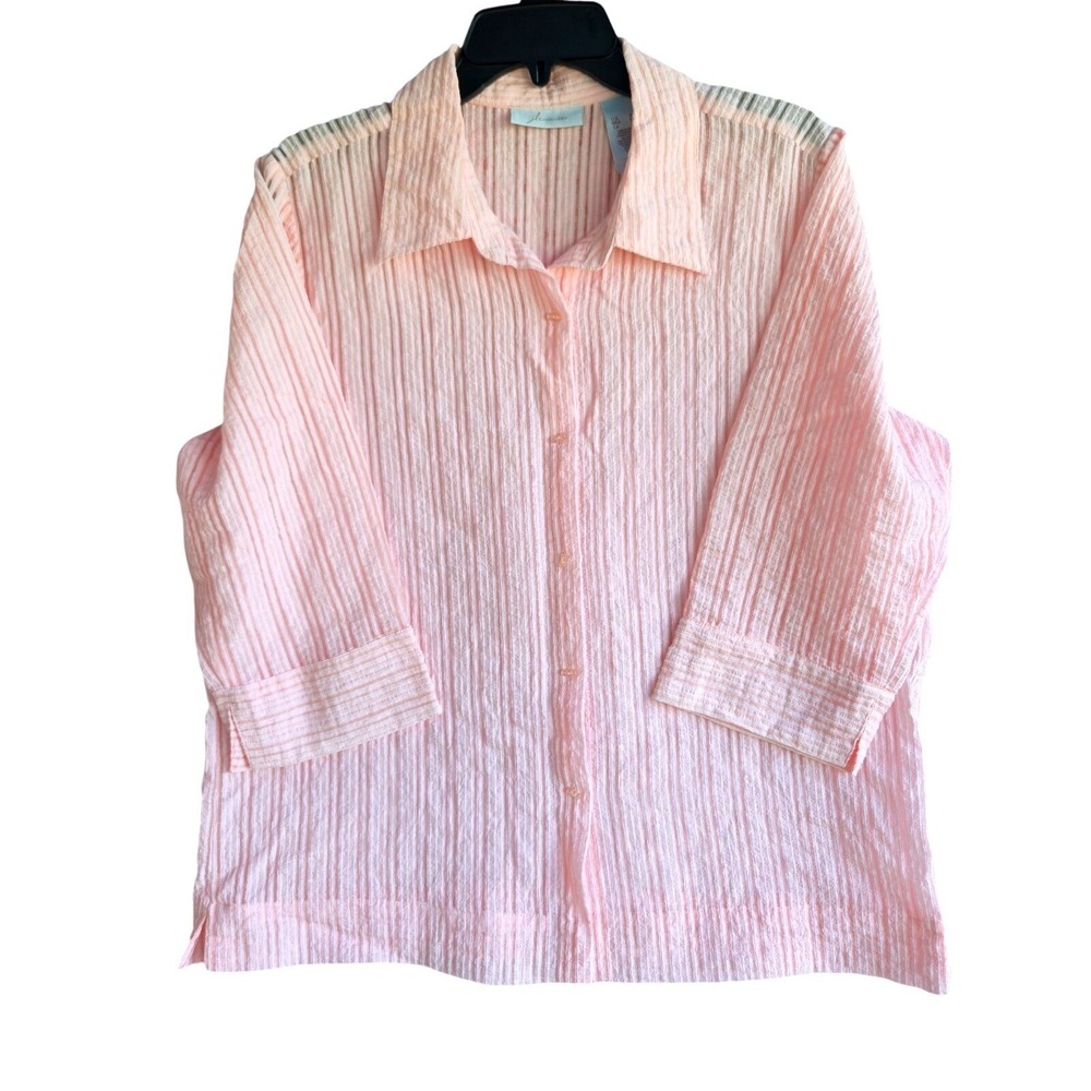 JH Collectibles XL Pink Striped Sheer Blouse 3/4 Sleeve Button Up Crinkle Shirt
